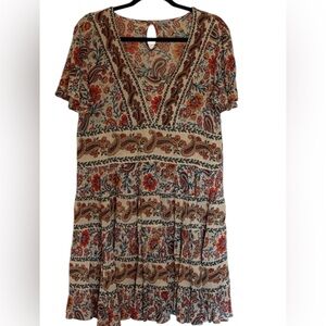 Bila Boho ruffle trim dress, paisley print, brown and orange tones, PTP 20”